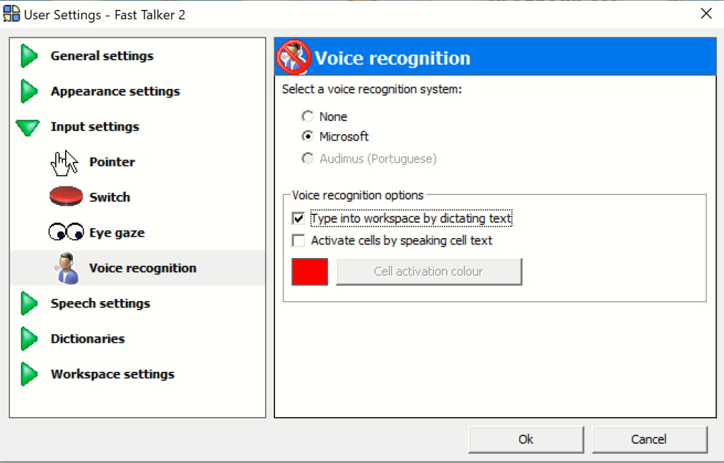 The Type into workspace option in Speech Recognition settings