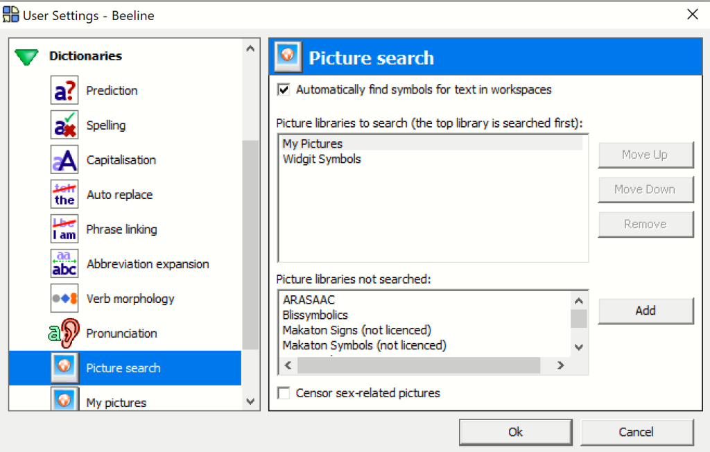 The Picture Search settings