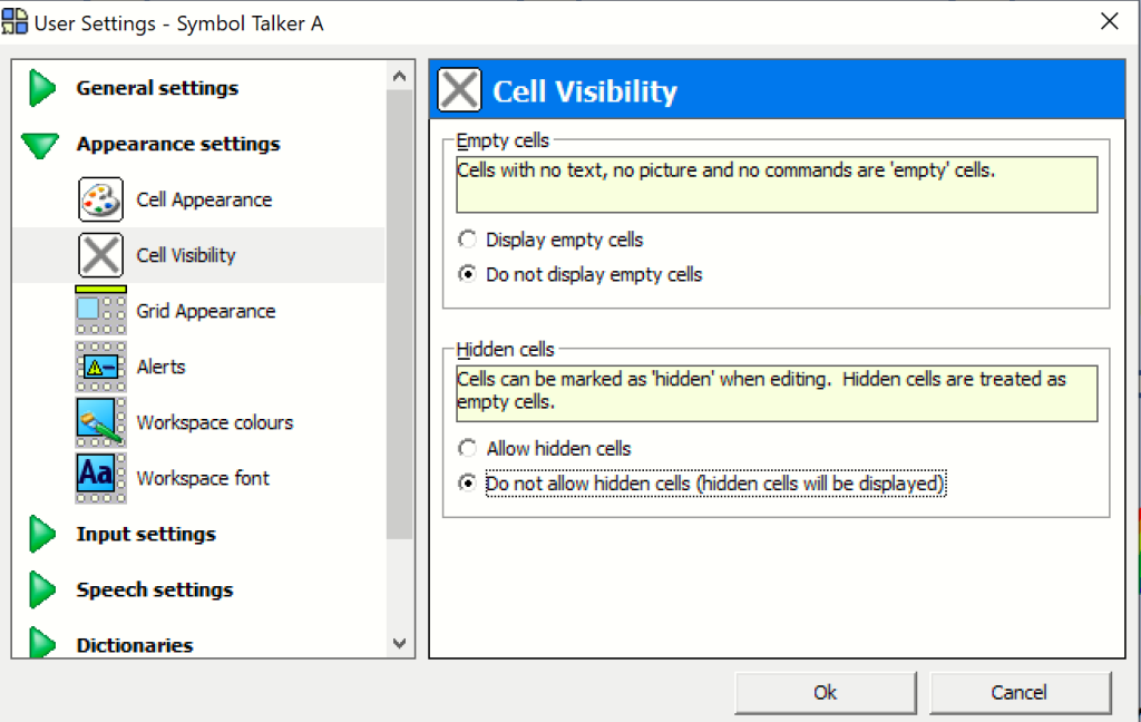 The Cell visibility settings. 