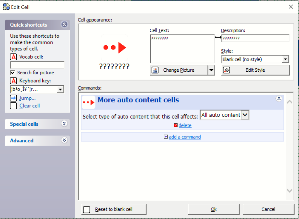 An example cell with the More auto content cells command.