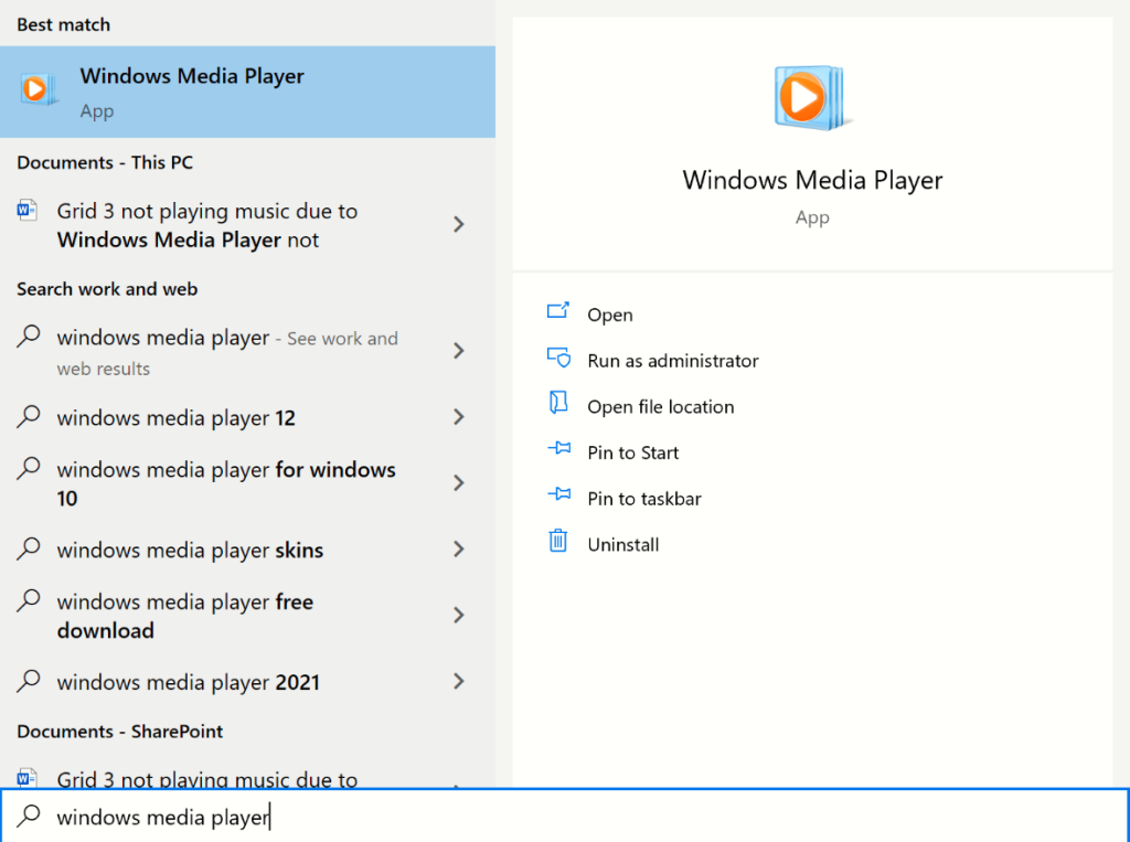 Searching for Windows Media Player in the start menu.