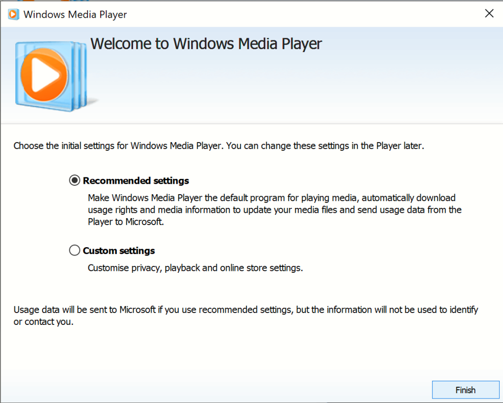 The Windows Media Player configuration screen.