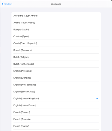 The list of languages available in Grid for iPad