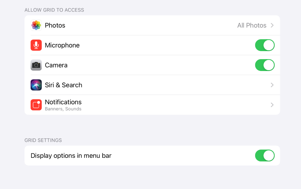 The full list of Grid for iPad permissions.