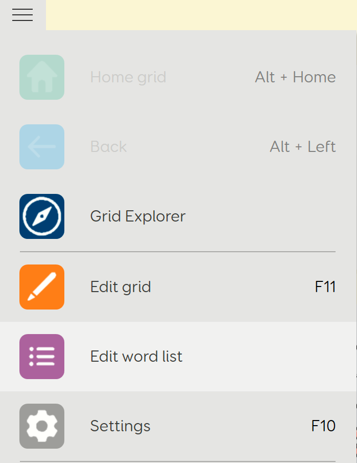 The Grid 3 menu with Edit word list highlighted.