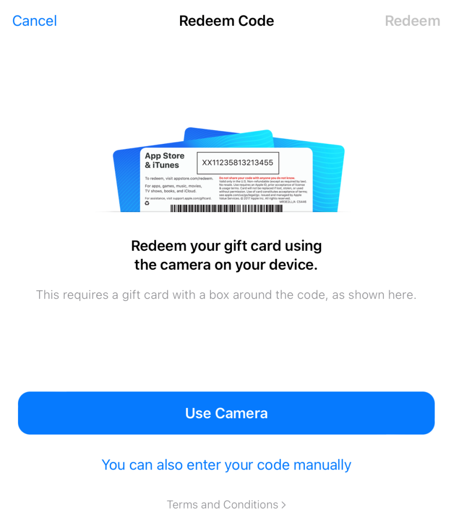The redeem code area in the App Store.