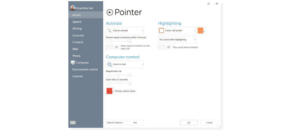 The Pointer setting screen