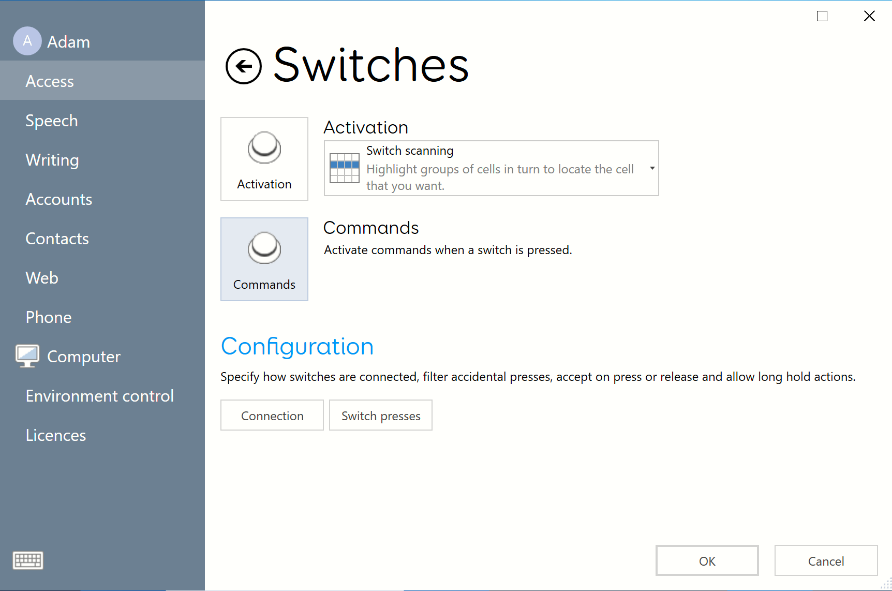 The Switch access settings