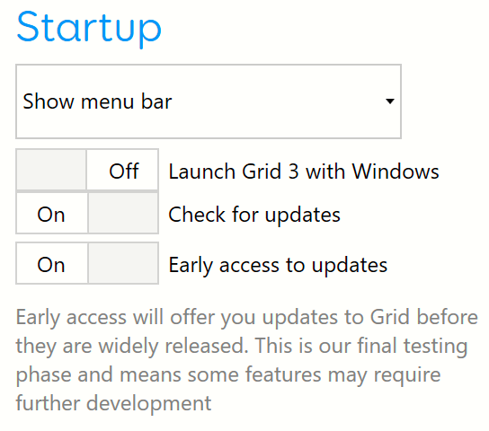 The Start up options with Early access to updates available at the bottom. 