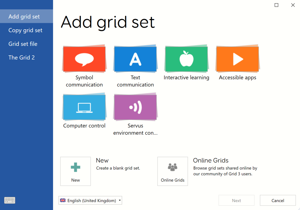 The Add grid set window in Grid 3.