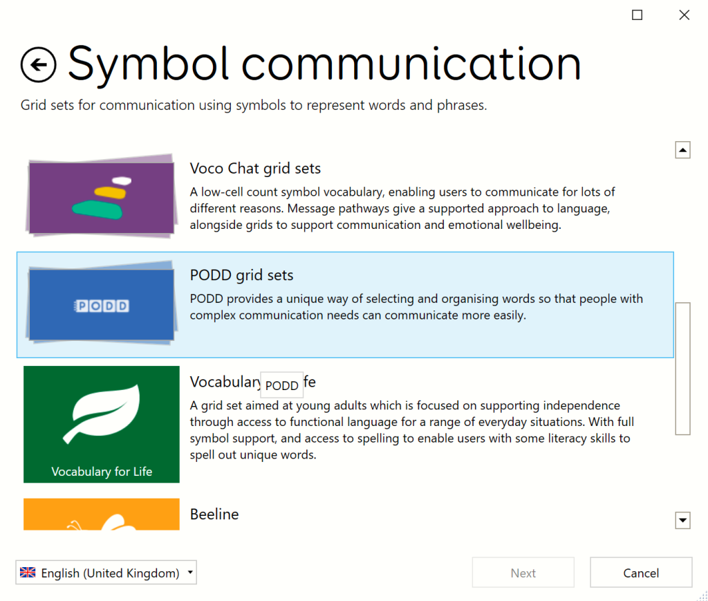 The PODD grid sets in the Symbol Communication category.