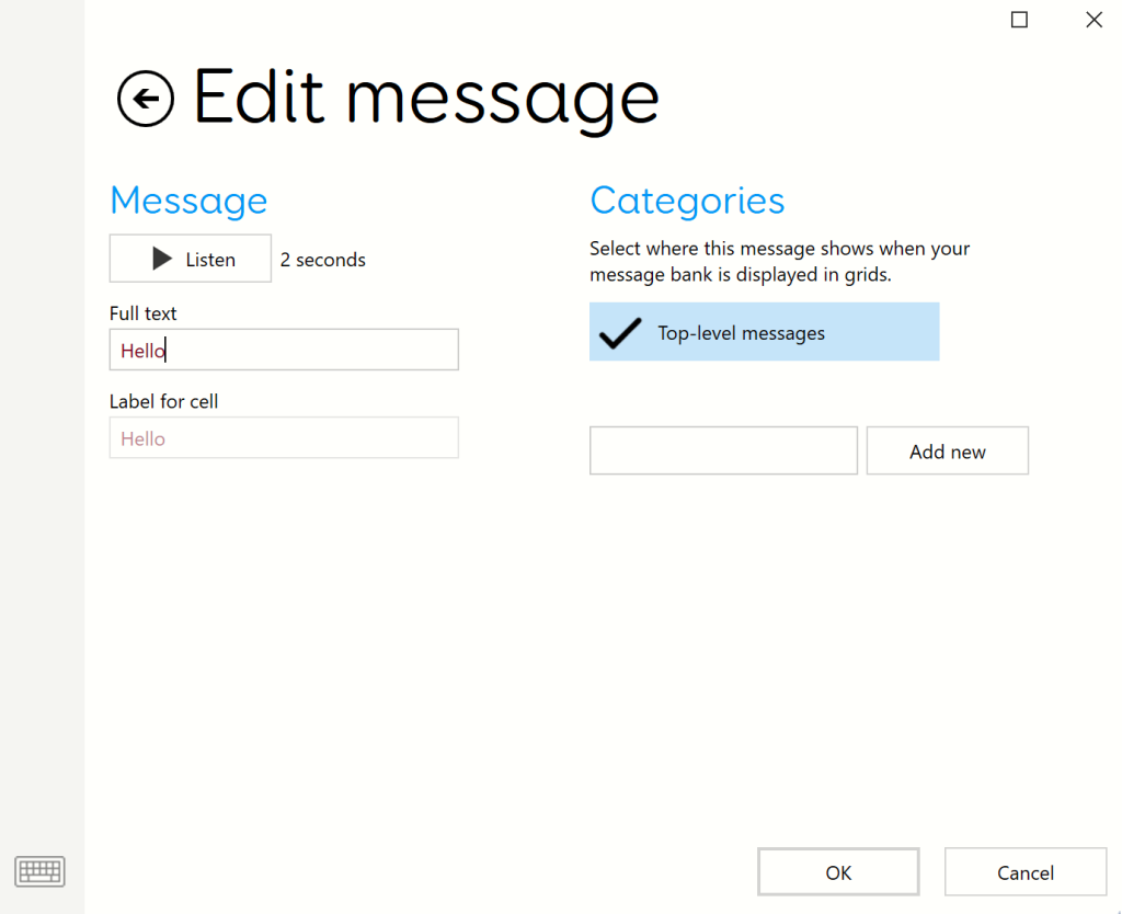 Configuring the new message banked phrase for use in Grid 3.