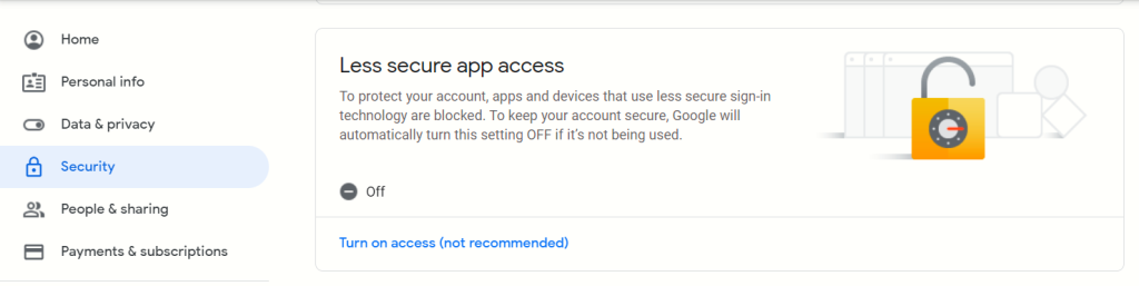 The less secure app option in Security Settings.