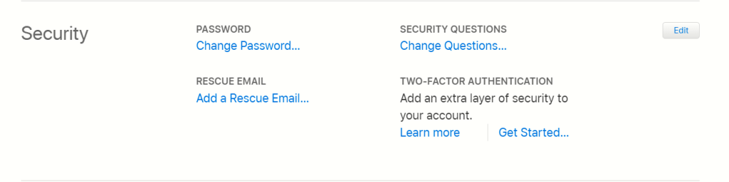 The iCloud security settings.