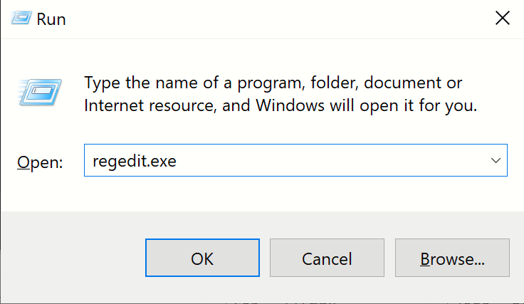 The Windows run command for registry editor.