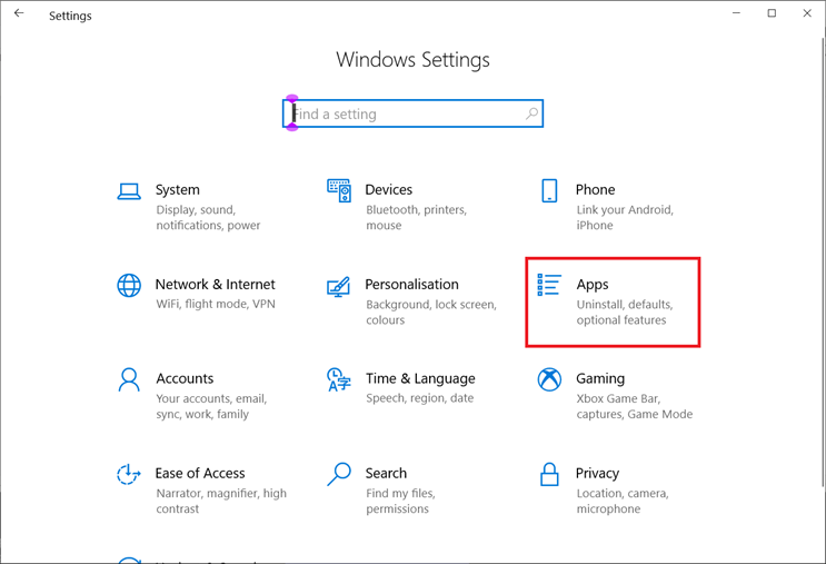The Apps option in Windows Settings
