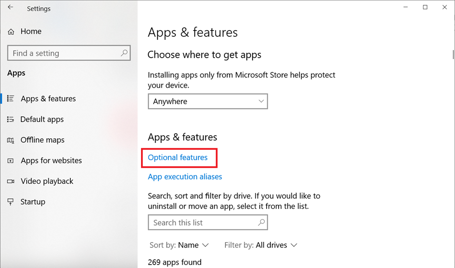 The optional features option in Apps and Features.