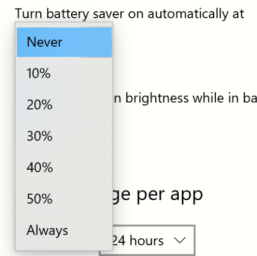Setting battery saver to Never.