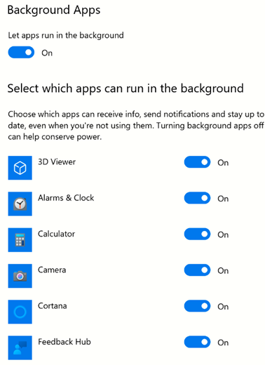 The background apps options in Windows Settings.