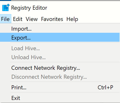 The Export option in Registry Editor.