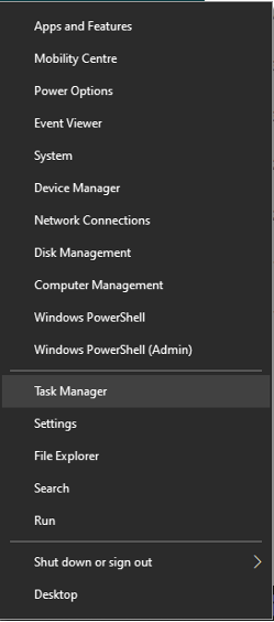 Task Manager in the expanded options found by right clicking the start menu icon.