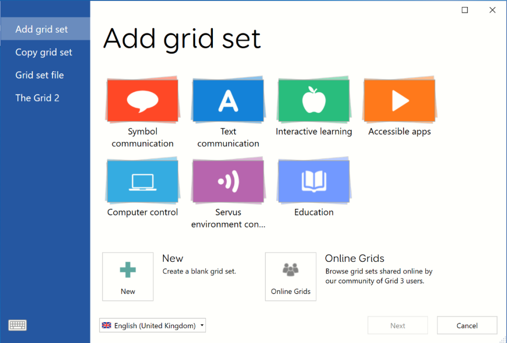 The add grid set menu in Grid 3.
