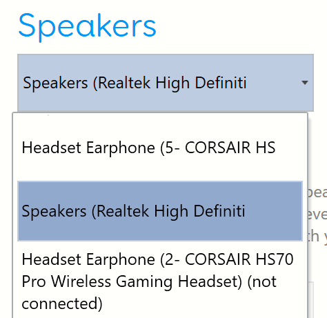 An example of audio devices in the speakers drop down. 