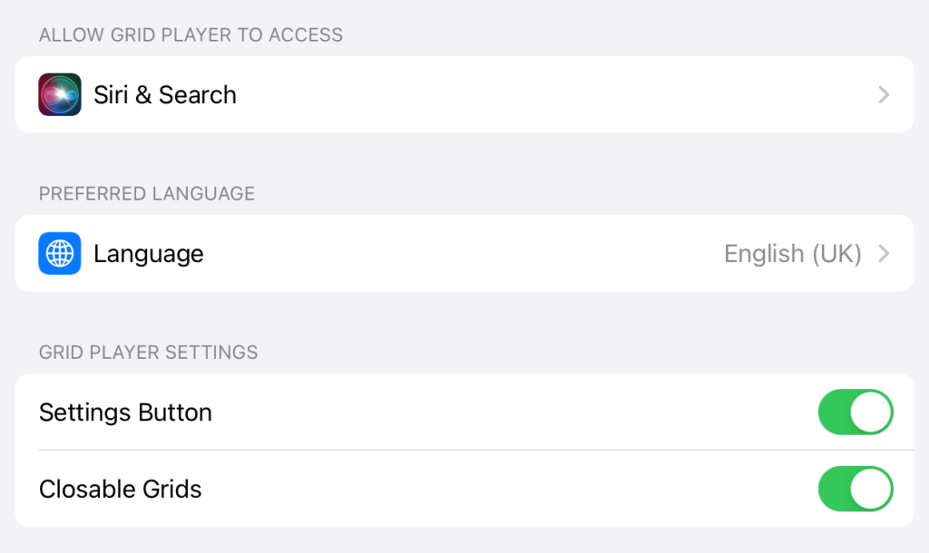 The Grid Player iOS settings.