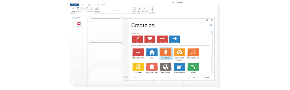 The recordings category in the create cell window.
