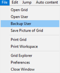 The Backup User option in the File menu
