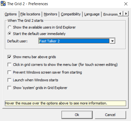 The start the default user option in Preferences