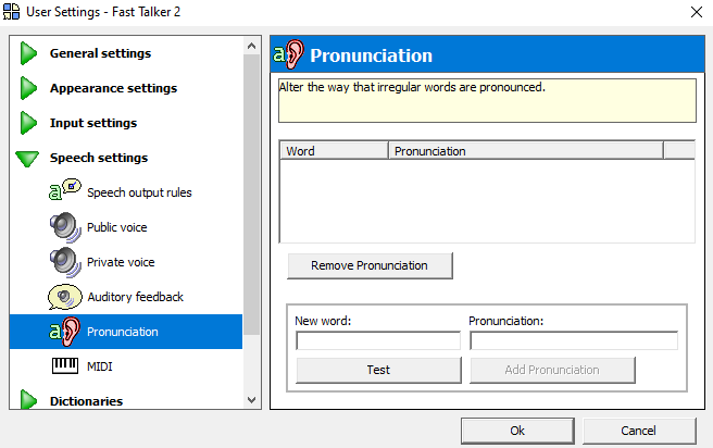 The Pronunciation settings window.