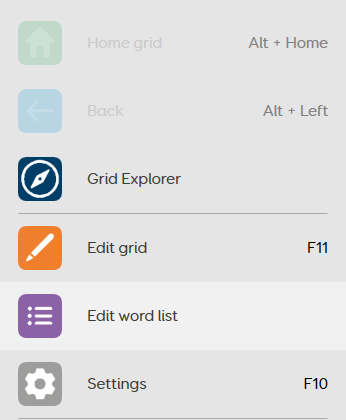 The Edit Word List option in the Grid 3 menu