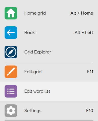 The Edit Word List option in the Grid 3 menu bar
