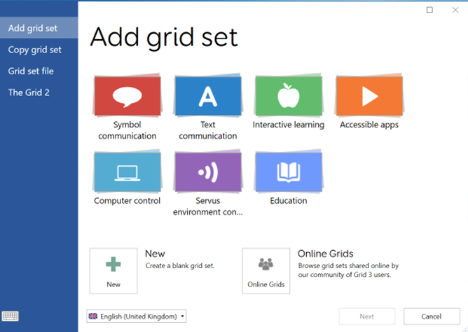 Add grid set main page showing categories