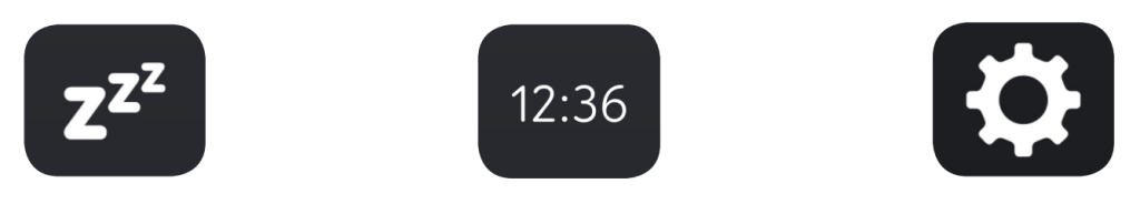 3 black cells showing icons for the Rest function, Clock and jump to Settings. 
