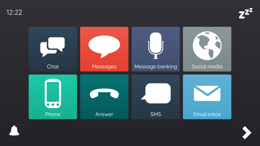 Image shows the Fast Talker home grid with jump cells for Chat, Messages, Message banking, Social media, Phone, Answer, SMS and Email inbox grids. 