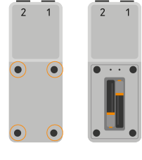 diagram of remote power button with screw holes highlighted and battery sleeve removed