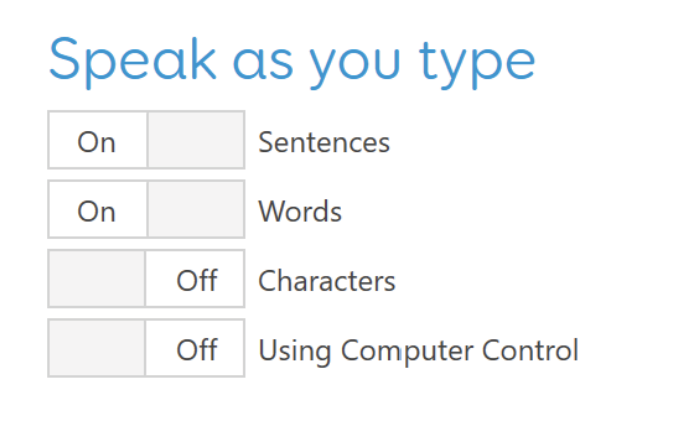 screenshot of Speak as you type settings screen in Grid