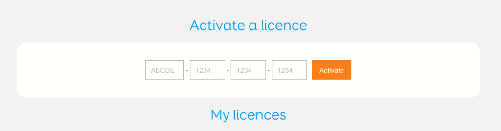 The out of app licence activation screen