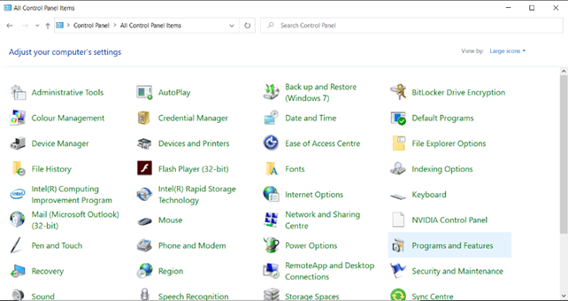 Programs and Features in Control Panel