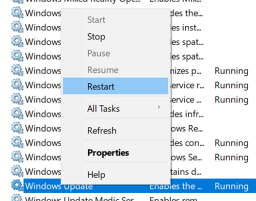 Restarting the windows update service