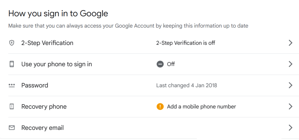 The how you sign in to Google option