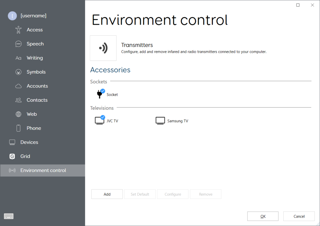 The environment control settings window