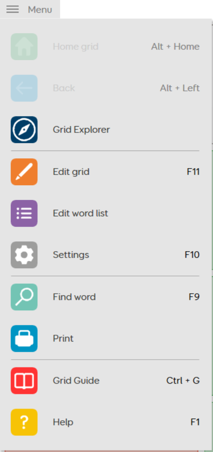 The Grid Set menu bar in Grid 3