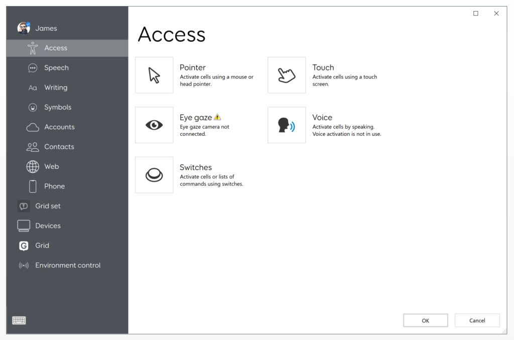 The access settings window