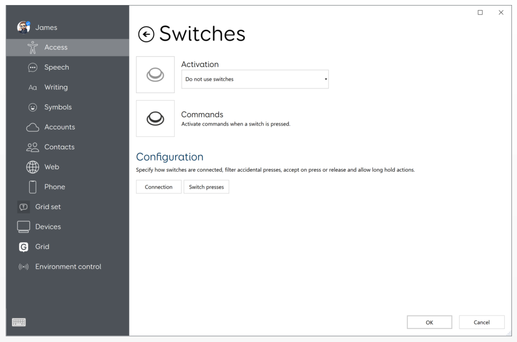 The switch access settings window