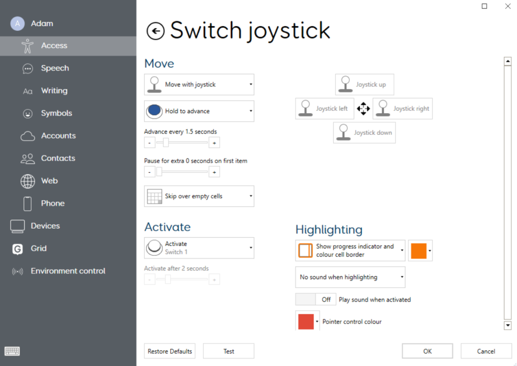 Activation settings for Switch Joystick