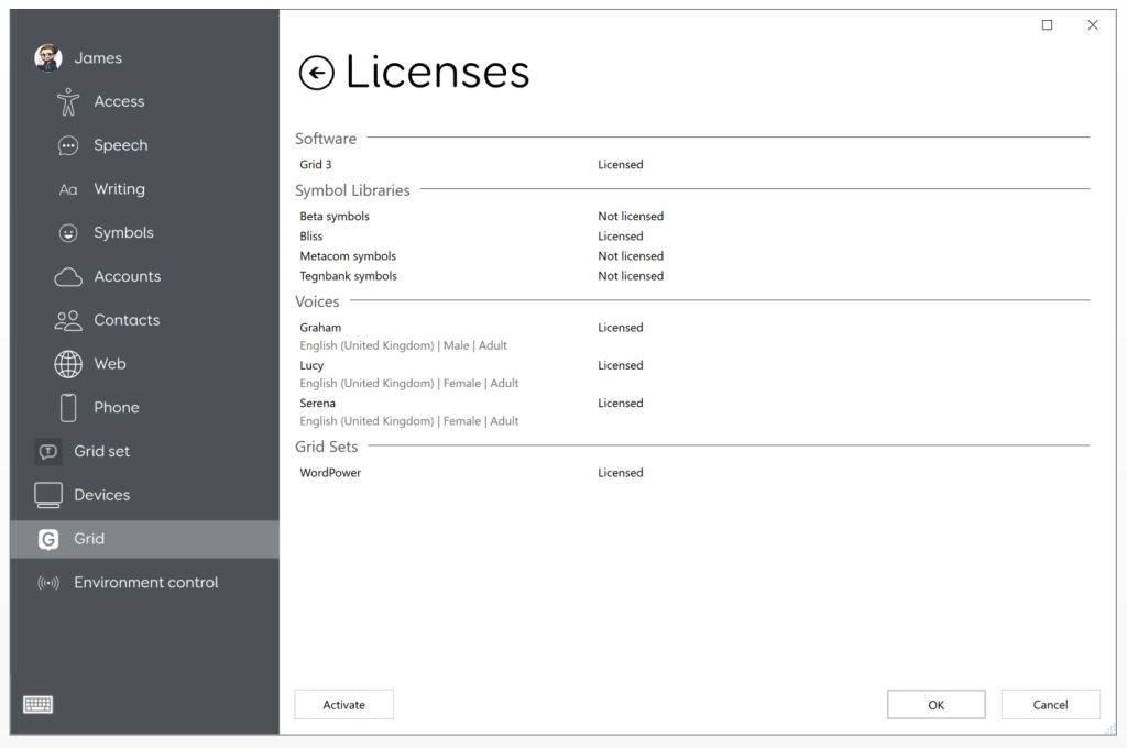 The licenses settings window
