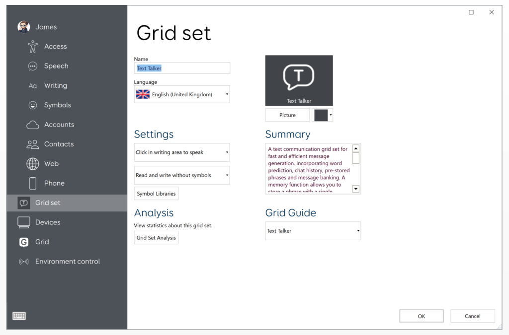 The grid set settings window